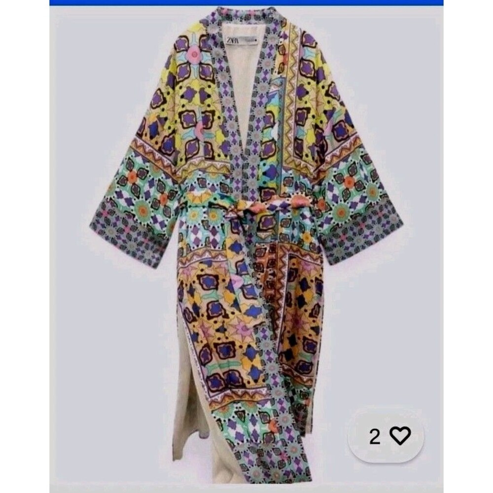 Zara Kimono Robe XS Wild Print Patchwork Midi Open Front with Tie Satin Lining - Picture 6 of 16
